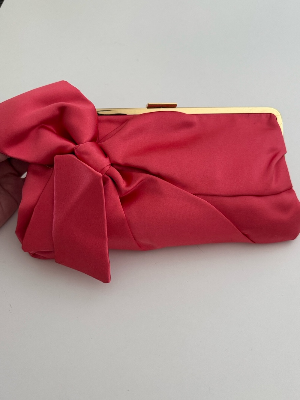 100% silk J.Crew pink w/ gold tone snap bow clutch handbag purse new with tag - Picture 7 of 7